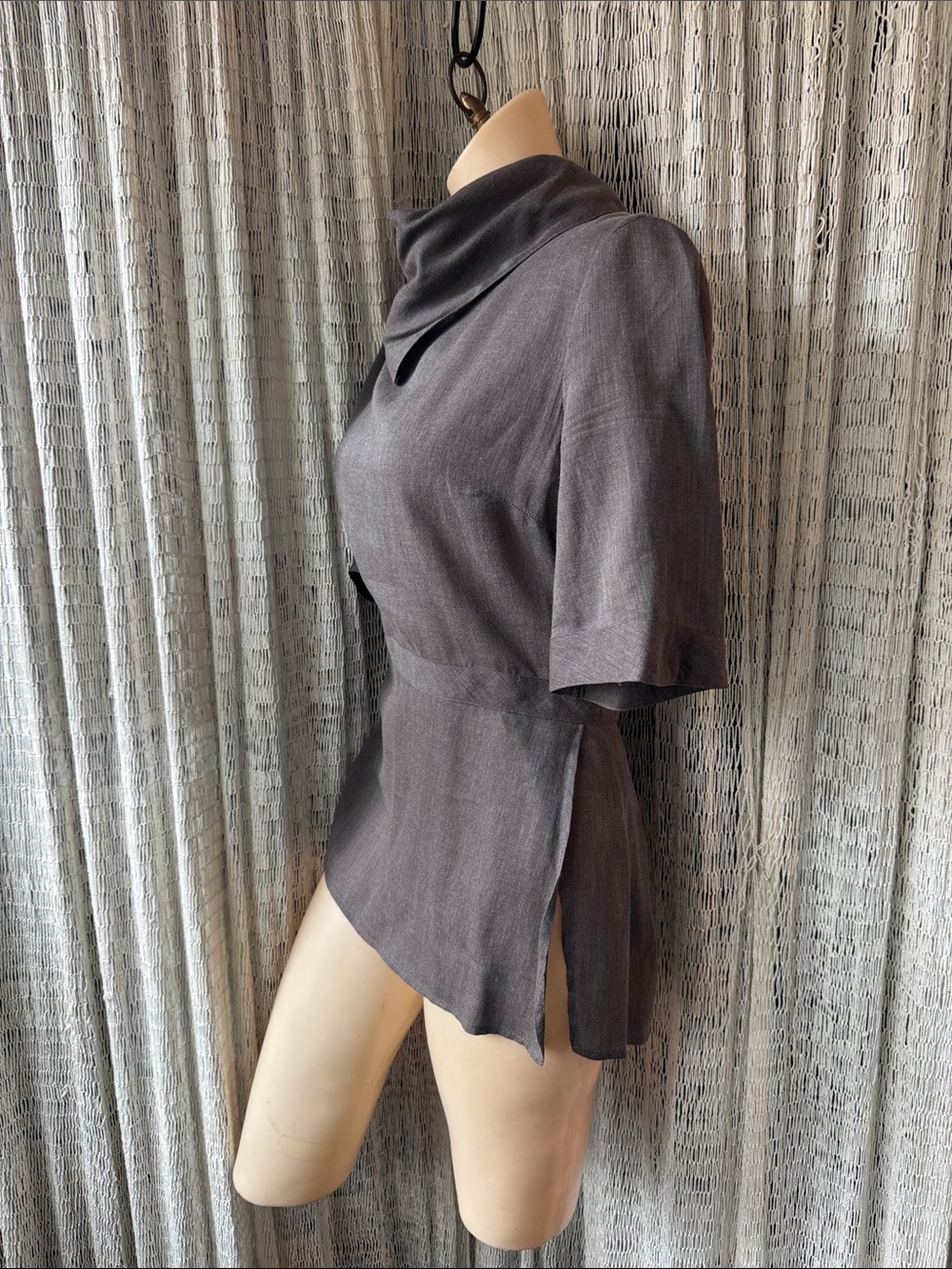 Born Taupe/clove colored Button-Front Peplum 1/2 Sleeve tunic